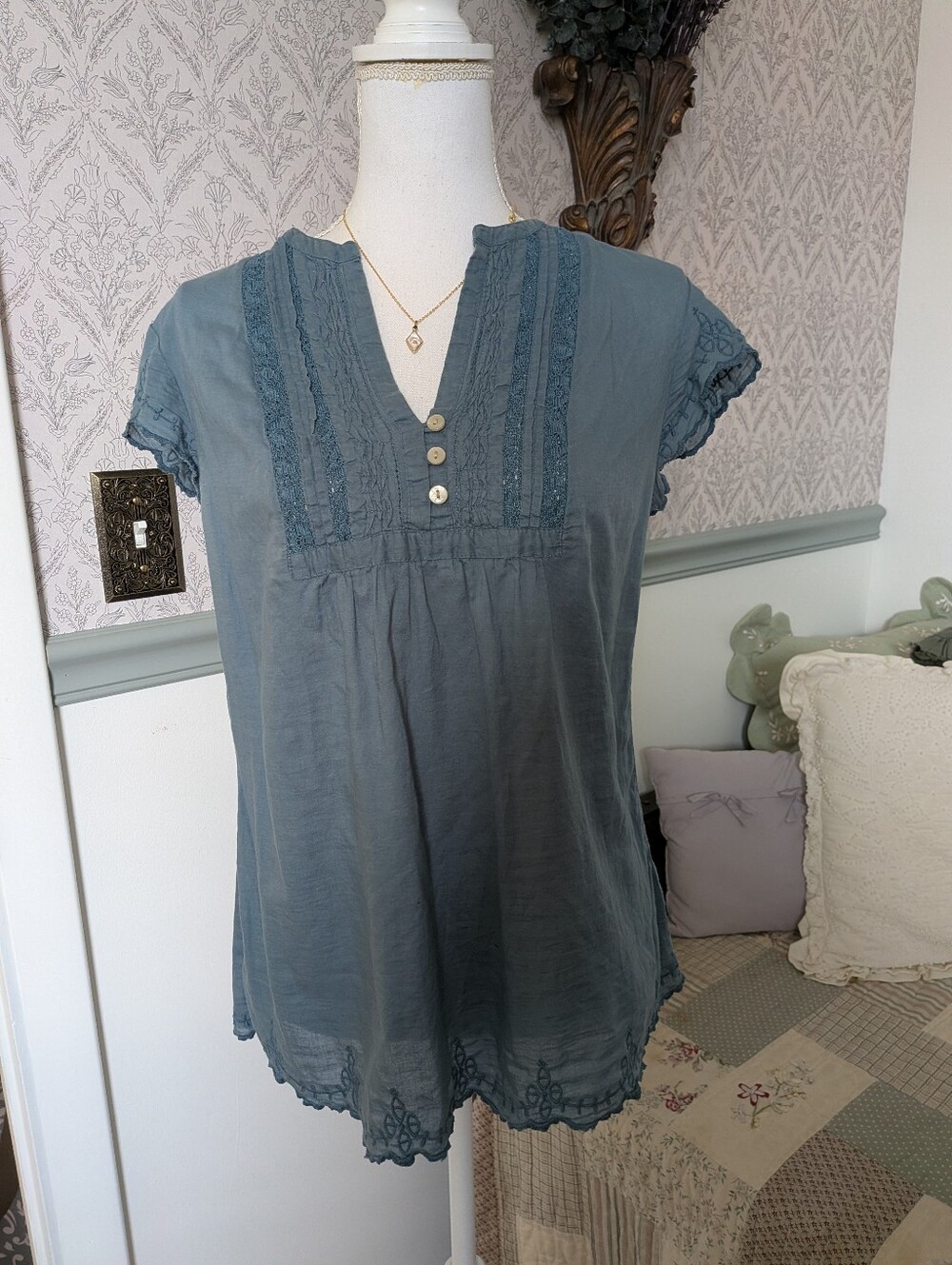 Converse One Star Cotton Blouse Tunic Blue Embroidered Lace Boho Cottagecore M